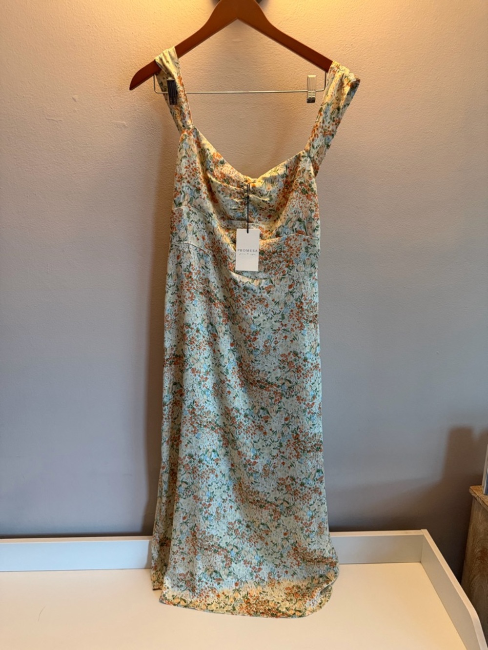 Promesa Women Floral Midi Dress Orange Green Ditsy Print Sweetheart Neck Large
